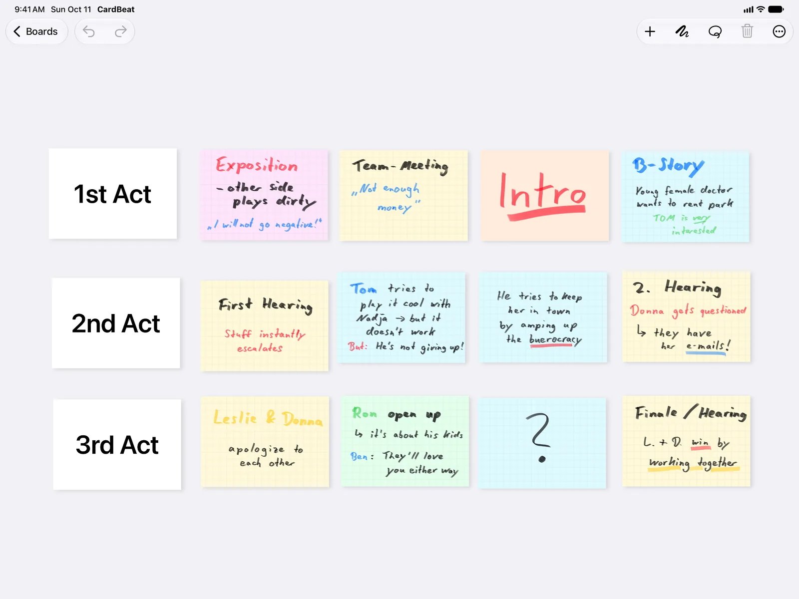 A CardBeat board on iPad: three acts laid out in rows of handwritten, color-coded index cards.