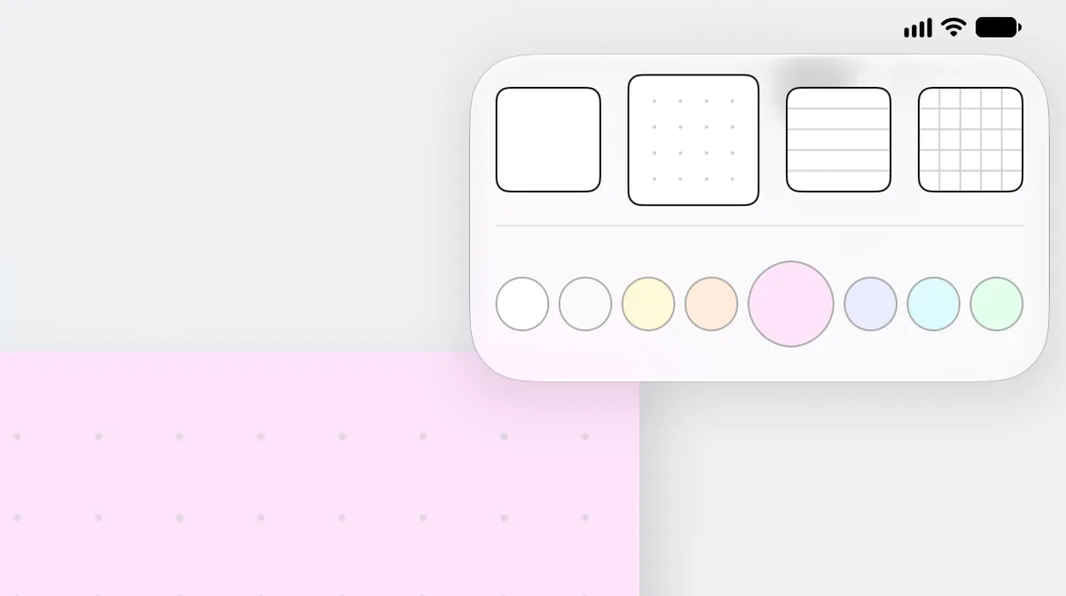The card style picker in the corner of the iPad: blank, dotted, lined and grid cards in eight colors.